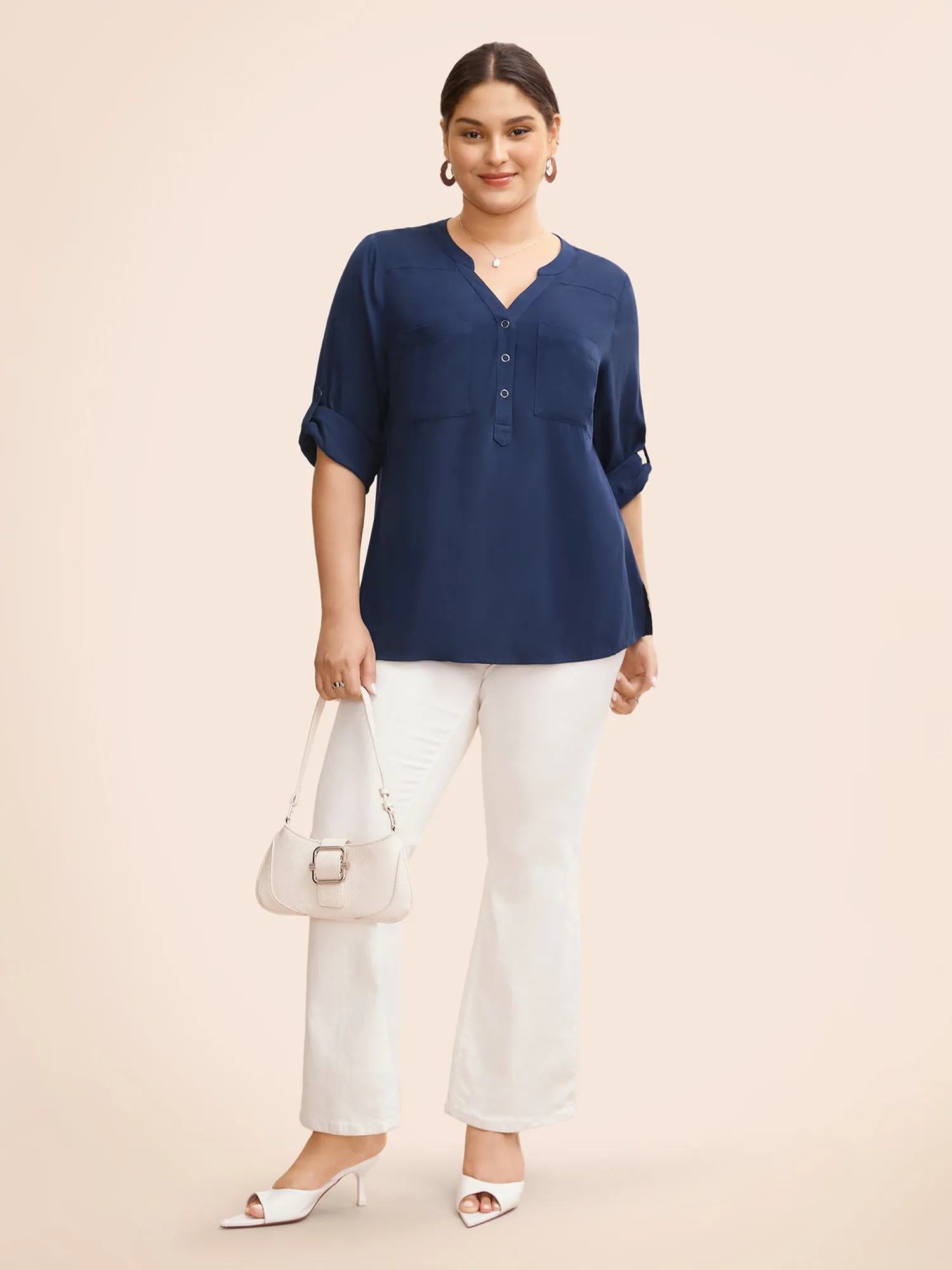 Patch Pocket Tab Sleeve Slit Hem Blouse sold by Bloomchic product image thumbnail 2