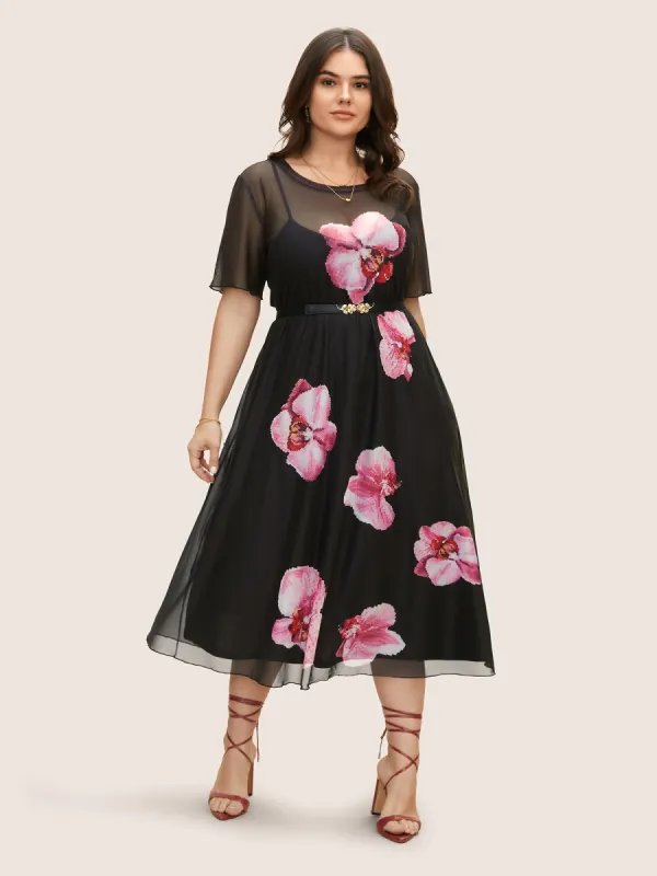 Crew Neck Mesh Butterfly Orchid Midi Dress sold by Bloomchic