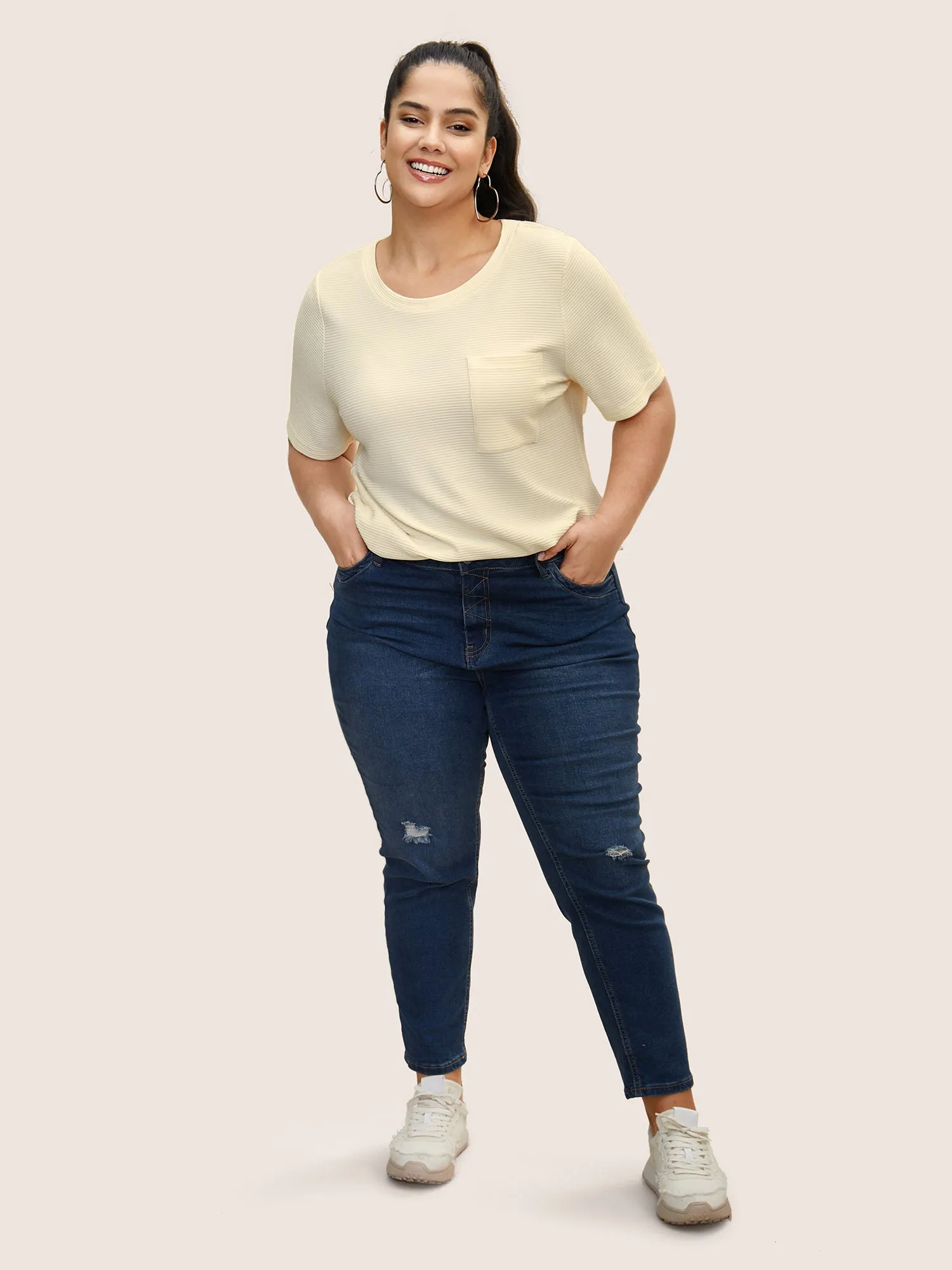 Solid Waffle Knit Patched Pocket T-shirt sold by Bloomchic product image thumbnail 3