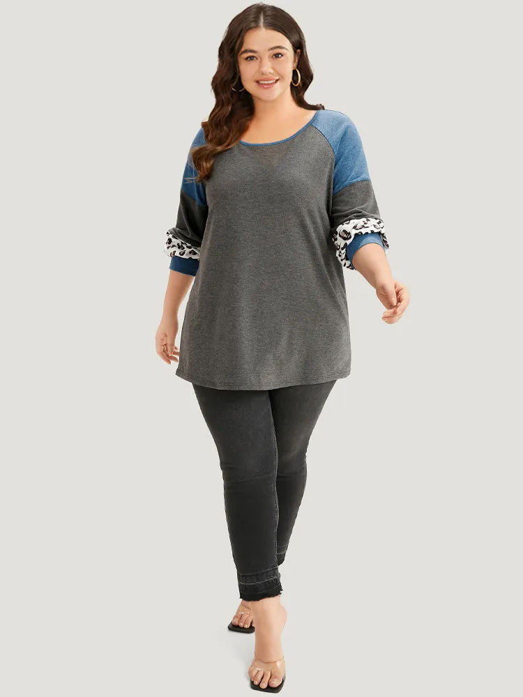 Colorblock Contrast Leopard Round Neck Raglan Sleeve Sweatshirt sold by Bloomchic product image thumbnail 5