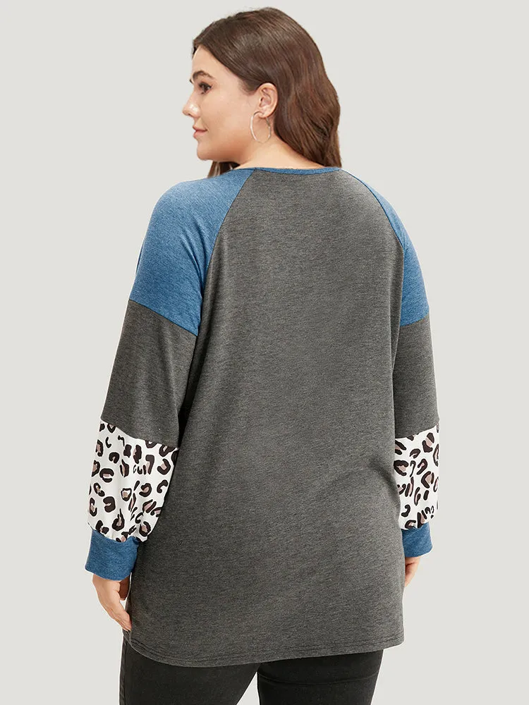 Colorblock Contrast Leopard Round Neck Raglan Sleeve Sweatshirt sold by Bloomchic product image thumbnail 2