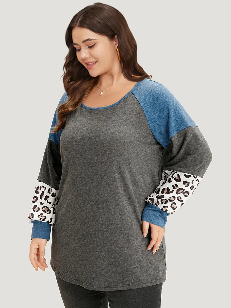 Colorblock Contrast Leopard Round Neck Raglan Sleeve Sweatshirt sold by Bloomchic product image thumbnail 3