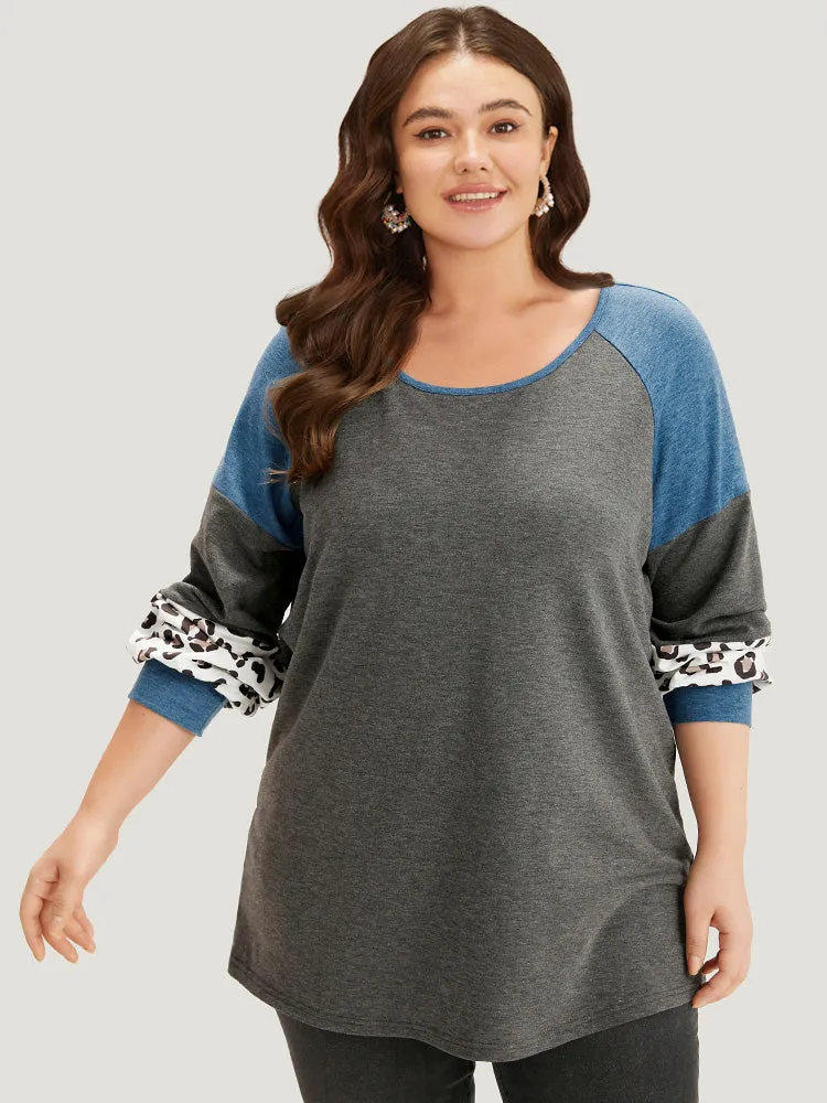 Colorblock Contrast Leopard Round Neck Raglan Sleeve Sweatshirt sold by Bloomchic product image thumbnail 4