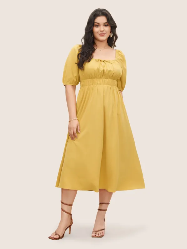 Plain Lantern Sleeve Drawstring Square Neck Dress sold by Bloomchic