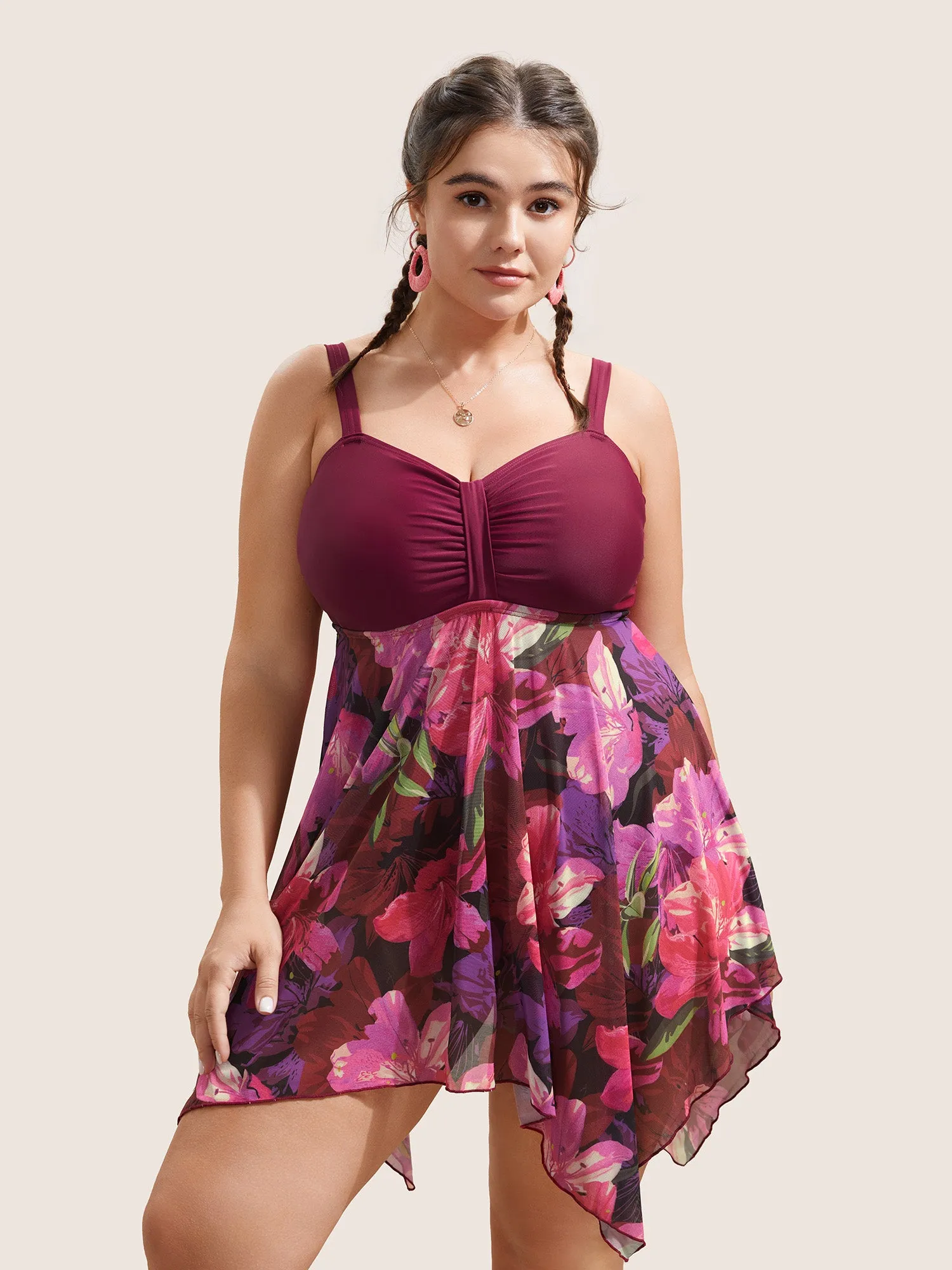 Floral Patchwork Tummy Control Ruched Swim Dress sold by Bloomchic