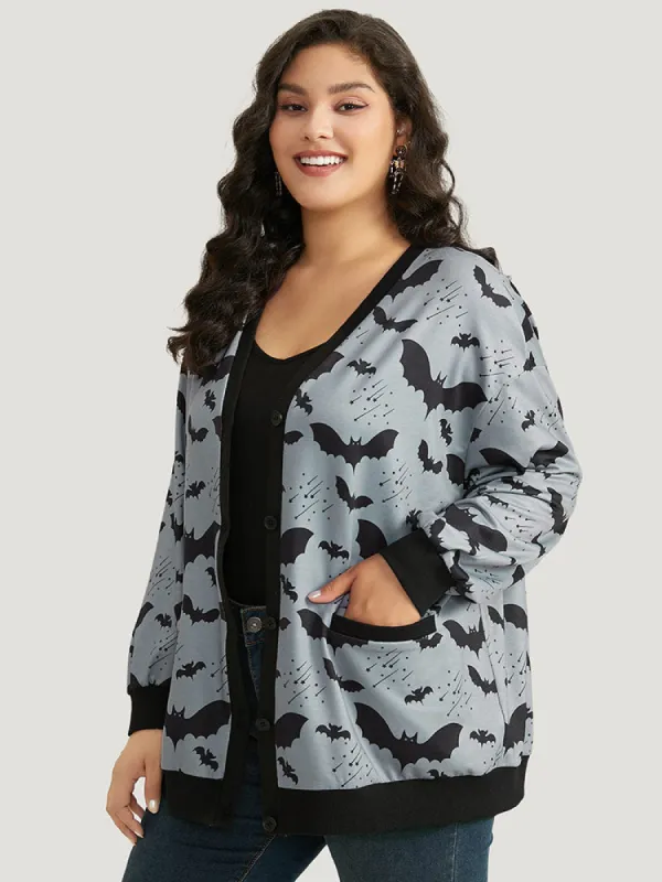 Halloween Bat Print Pocket Button Up Rib Knit Coat sold by Bloomchic
