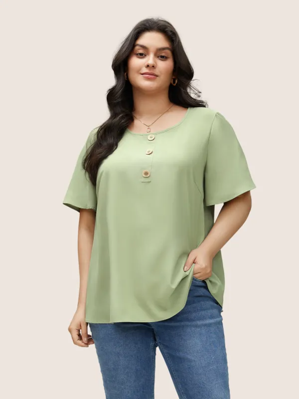 Static-Free Solid Button Detail Flutter Sleeve Blouse sold by Bloomchic