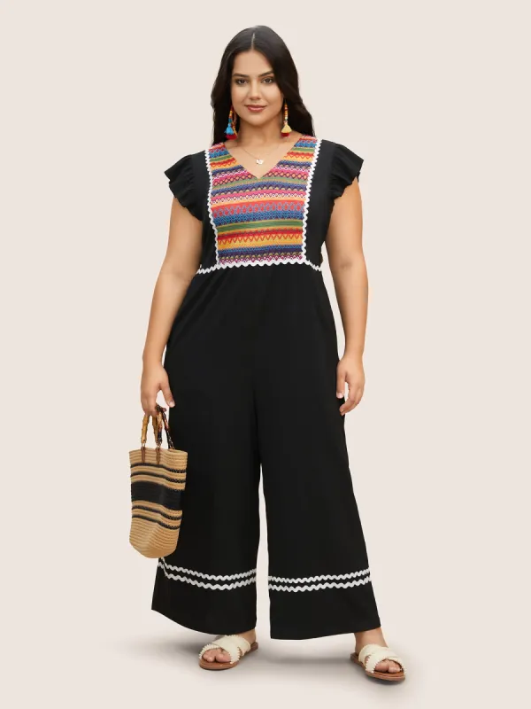 Contrast Webbing Ruffle Cap Sleeve Jumpsuit sold by Bloomchic