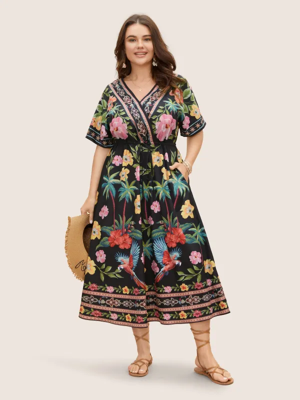 Boho Print Overlap Collar Drawstring Dress sold by Bloomchic