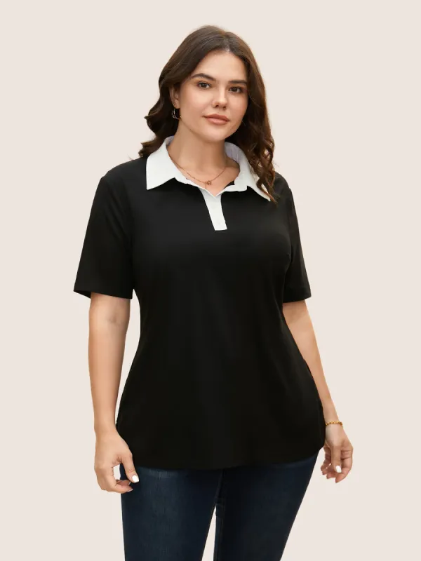 Stretchy Woven Shirt Collar Contrast Blouse sold by Bloomchic