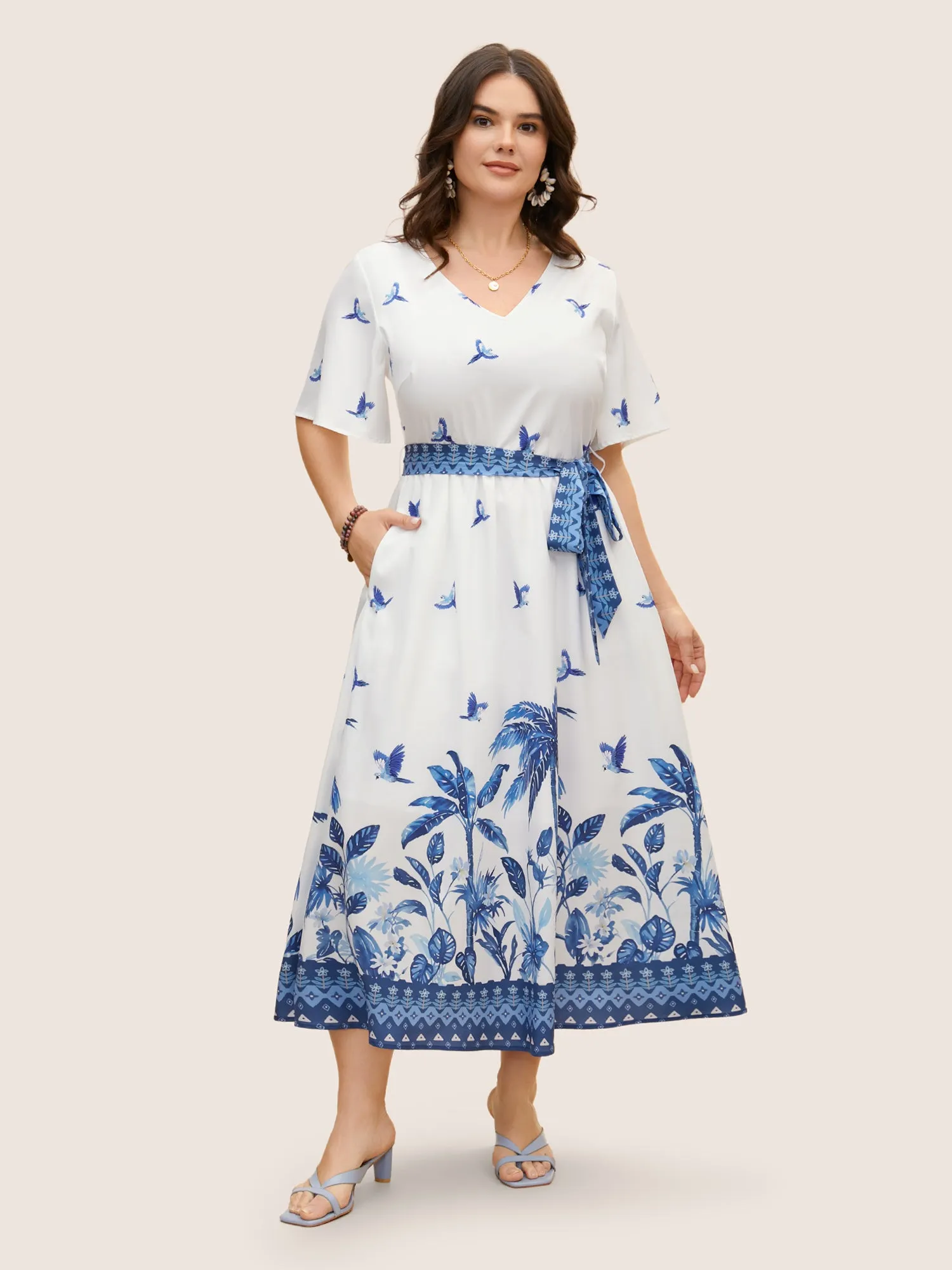 V Neck Tropical Print Ruffle Sleeve Maxi Dress sold by Bloomchic product image thumbnail 2