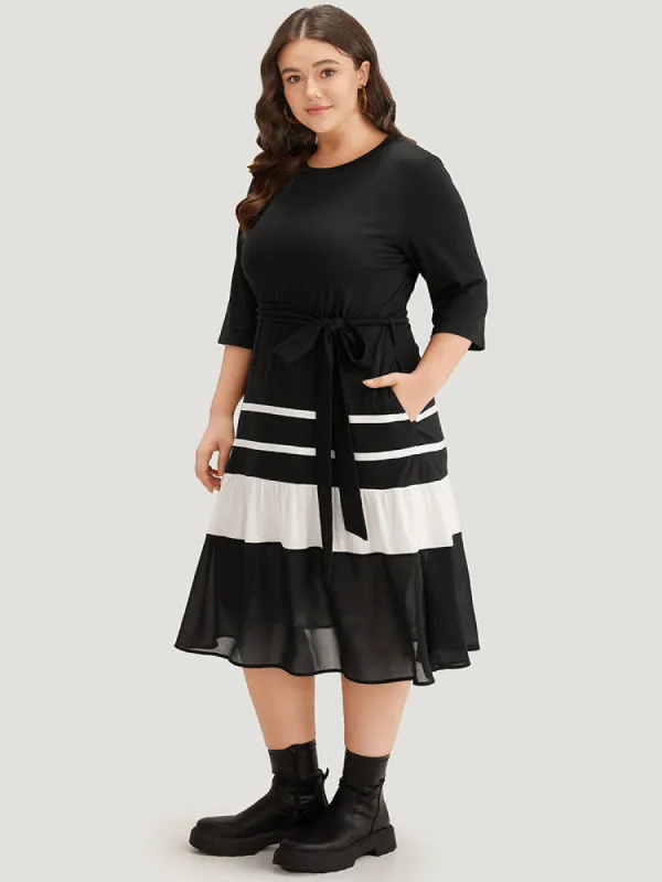 Colorblock Contrast Belted Ruffle Layered Hem Dress sold by Bloomchic