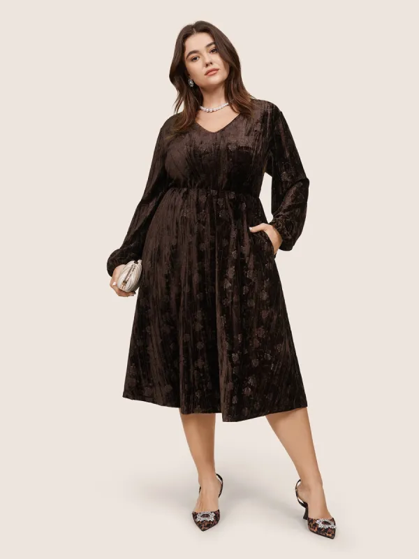 Solid Texture Velvet V Neck Lantern Sleeve Dress sold by Bloomchic