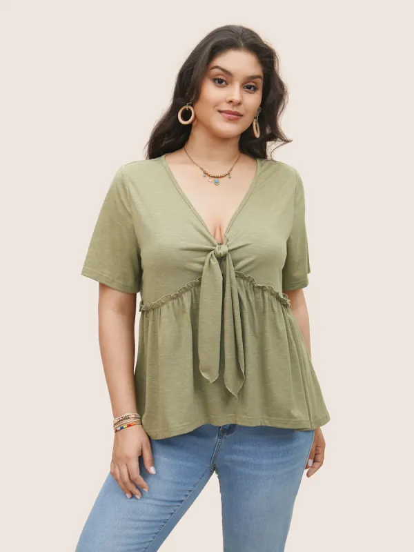 Solid Knot V Neck Frill Trim T-shirt sold by Bloomchic