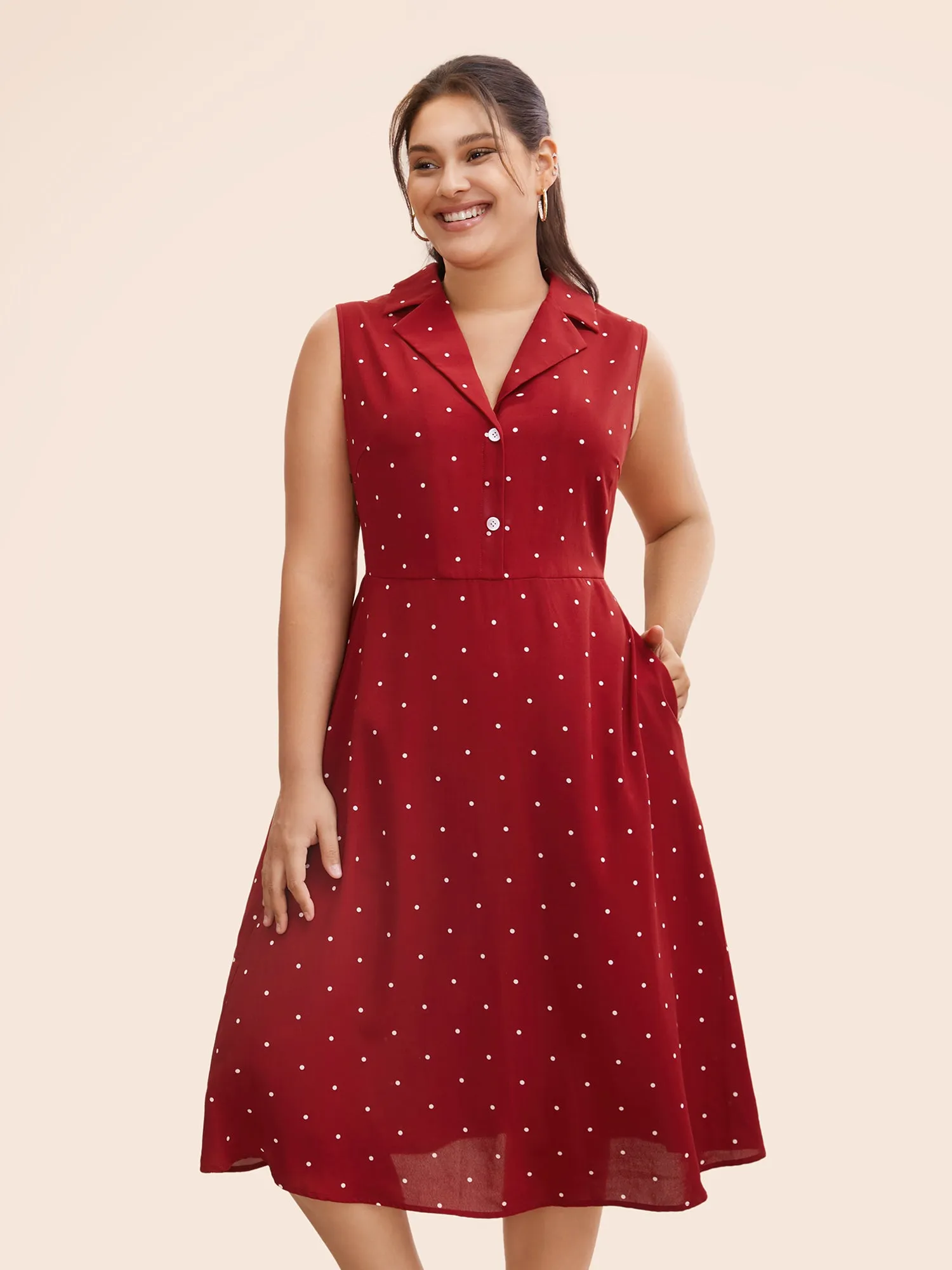 Polka Dot Suit Collar Button Detail Midi Dress sold by Bloomchic
