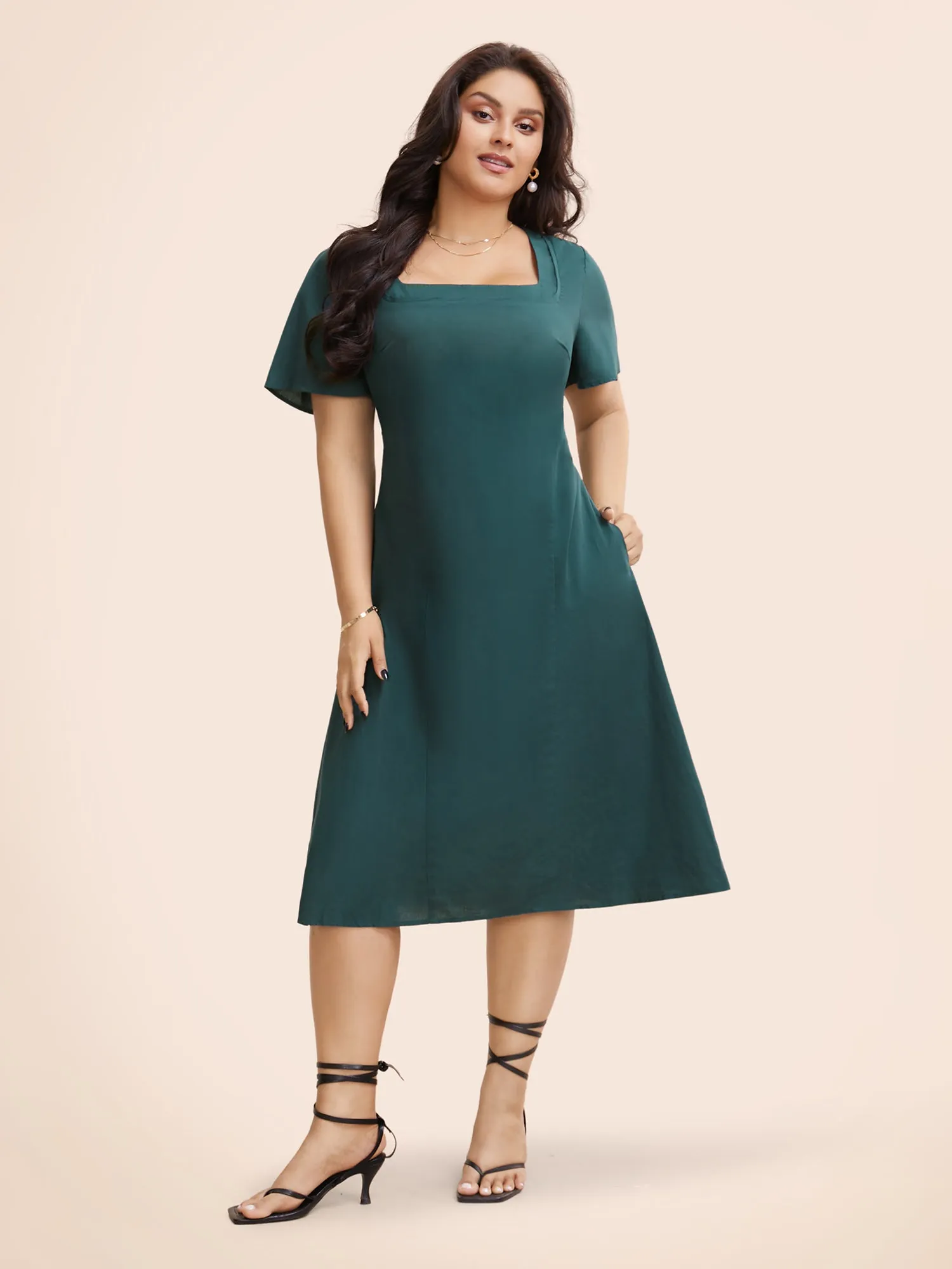 Square Neck Ruffle Sleeve Shirred Dress sold by Bloomchic product image thumbnail 2