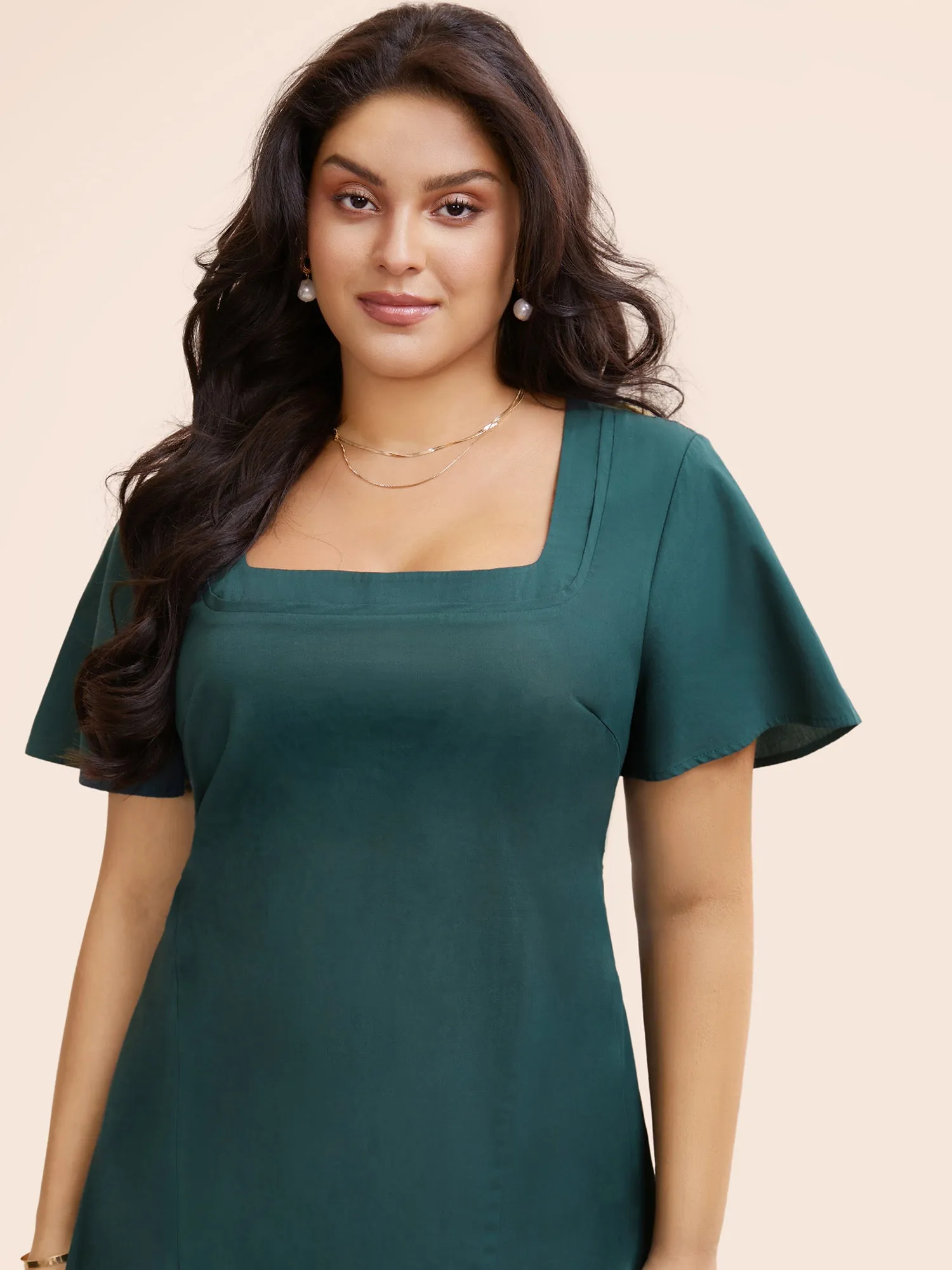 Square Neck Ruffle Sleeve Shirred Dress sold by Bloomchic product image thumbnail 4
