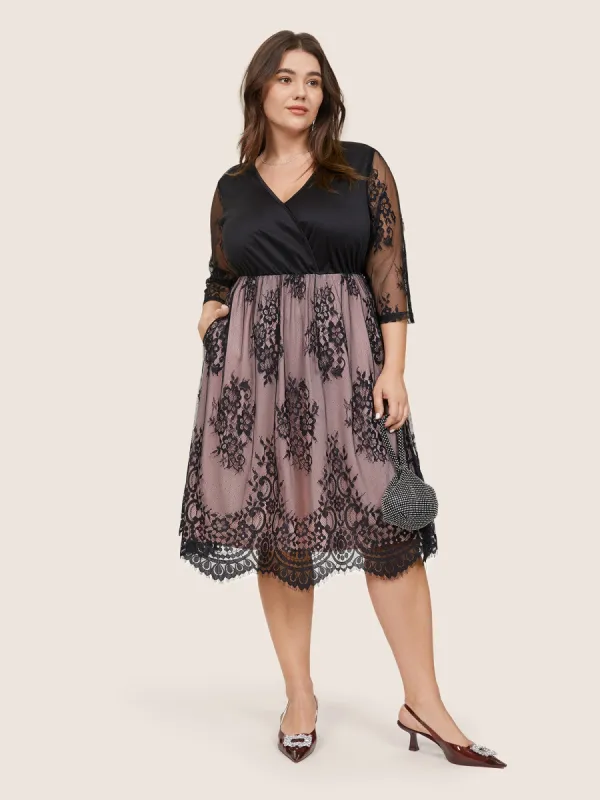 Crochet Lace Mesh Overlap Collar Dress sold by Bloomchic