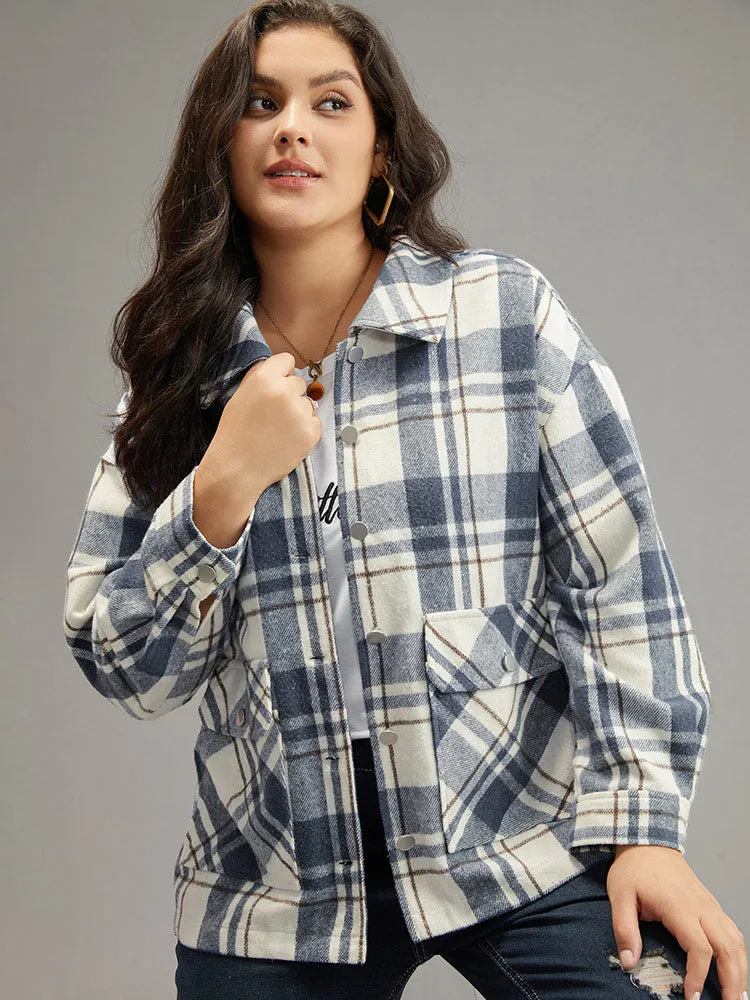 Plaid Lapel Collar Metal Detail Pocket Shacket sold by Bloomchic