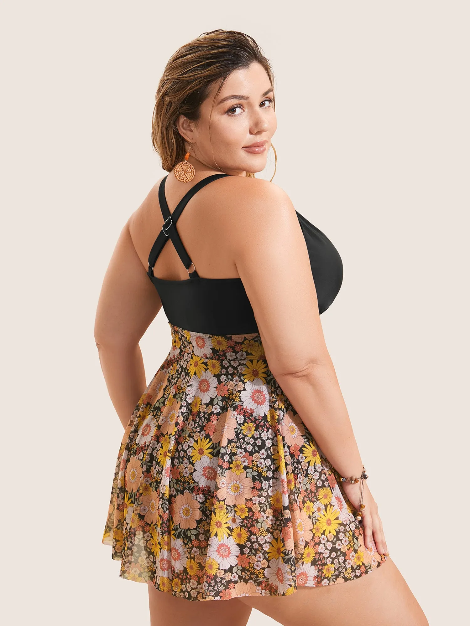 Natural Flowers Patchwork Mesh Gathered Swim Dress sold by Bloomchic product image thumbnail 2