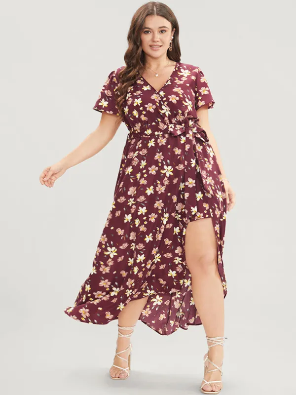 Floral Print Ruffles Pocket Split Belted Surplice Neck Dress sold by Bloomchic