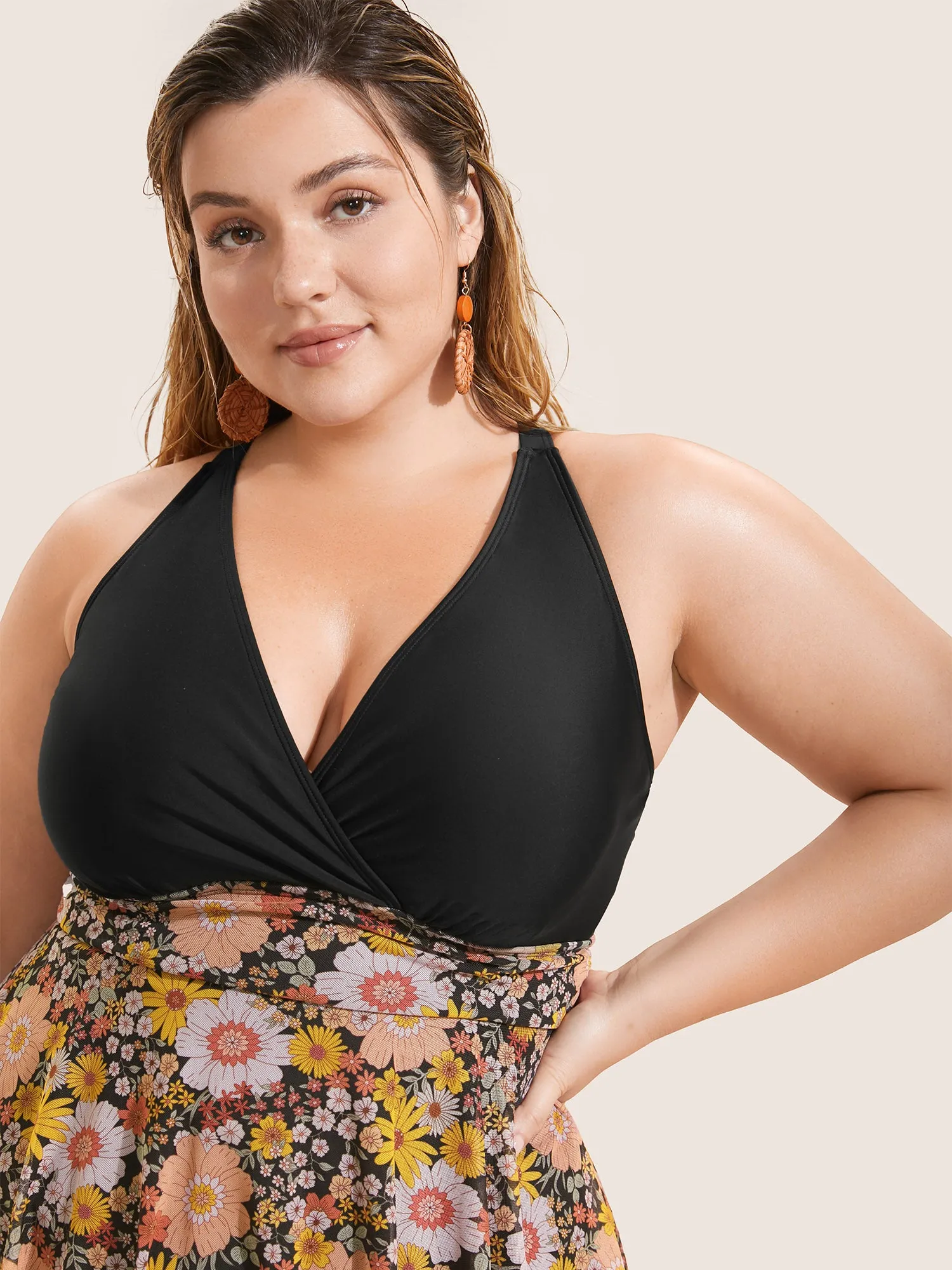 Natural Flowers Patchwork Mesh Gathered Swim Dress sold by Bloomchic product image thumbnail 4