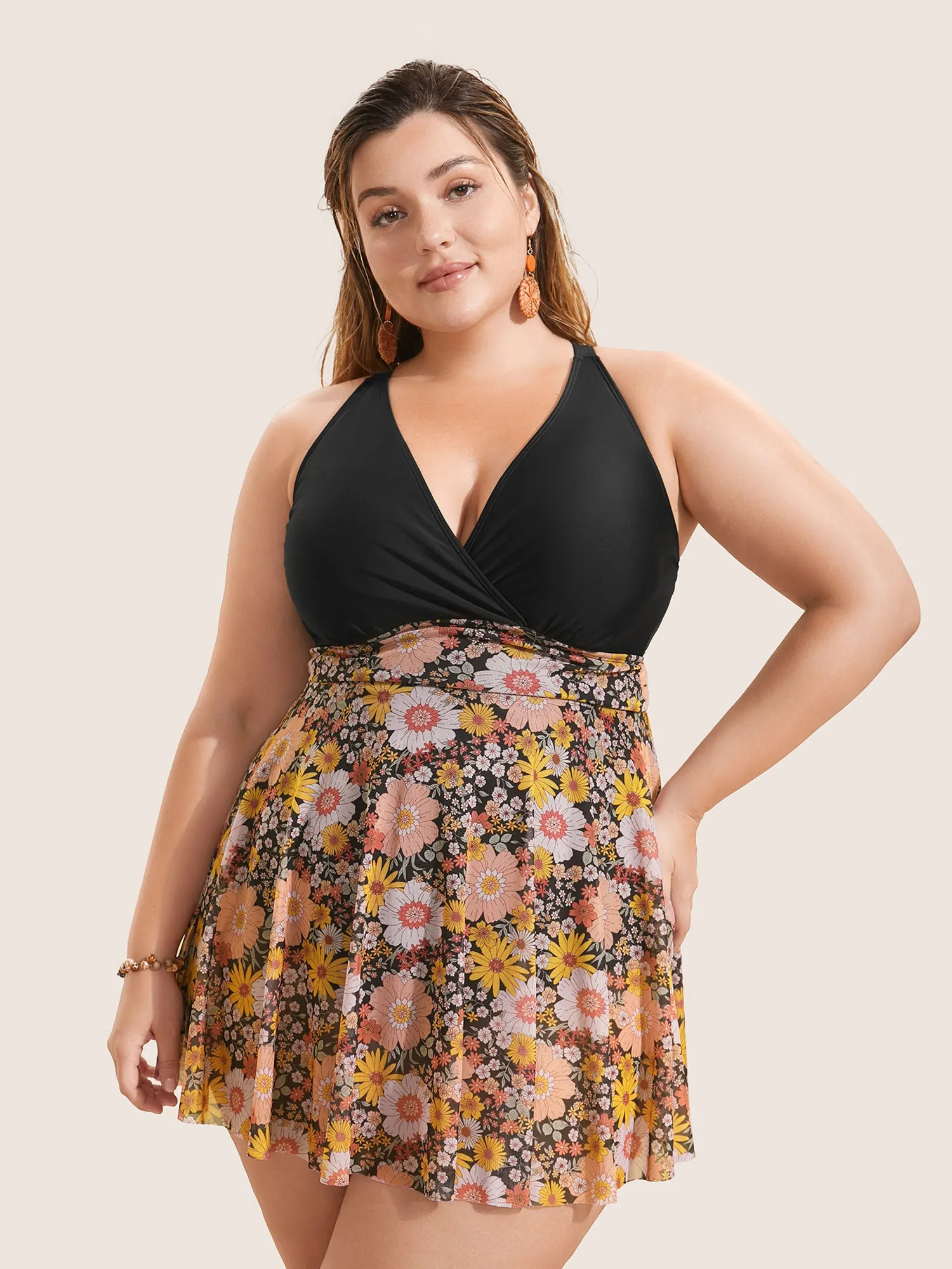 Natural Flowers Patchwork Mesh Gathered Swim Dress sold by Bloomchic