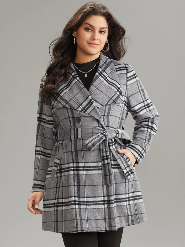 Plaid Button Up Pocket Belted Lapel Collar Coat sold by Bloomchic