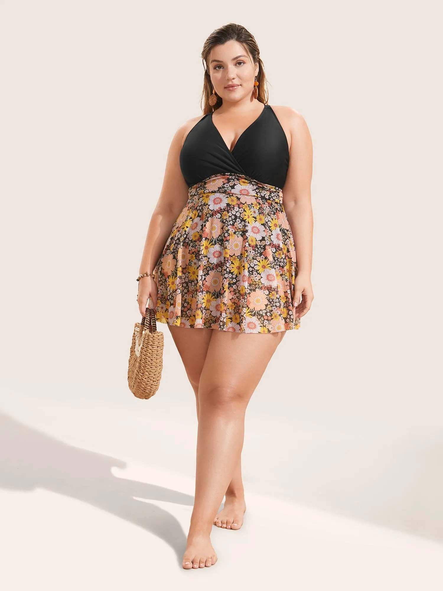 Natural Flowers Patchwork Mesh Gathered Swim Dress sold by Bloomchic product image thumbnail 3