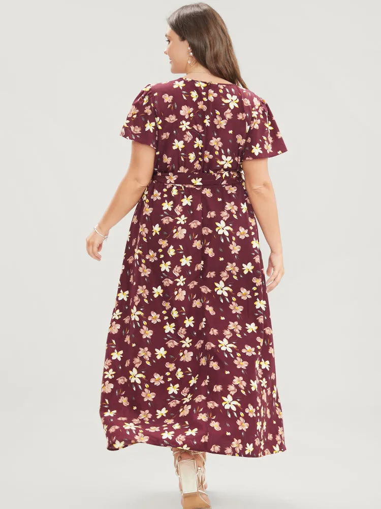 Floral Print Ruffles Pocket Split Belted Surplice Neck Dress sold by Bloomchic product image thumbnail 3
