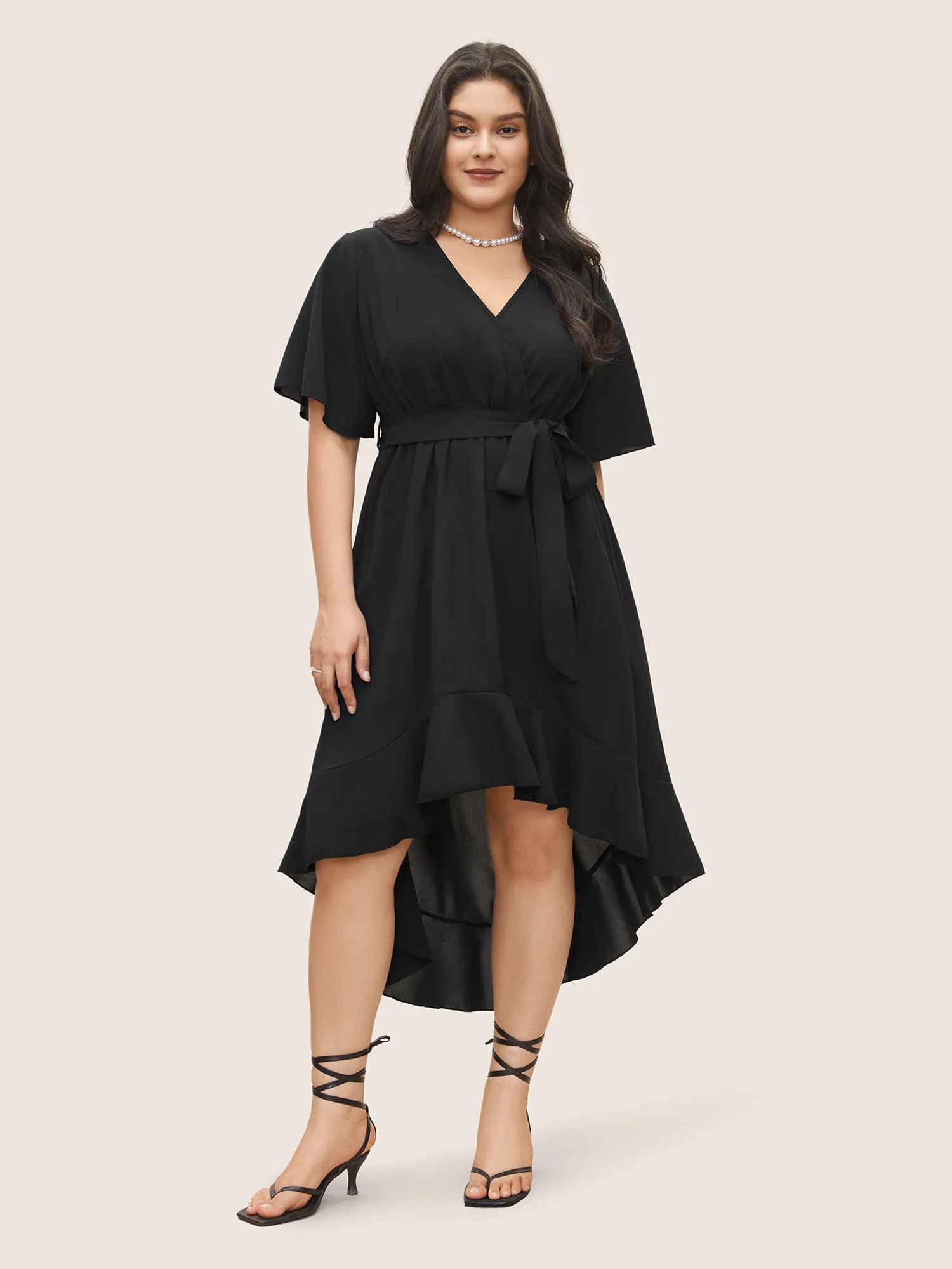 Bloom Dress - Solid Tie Surplice Ruffle High Low Dress sold by Bloomchic product image thumbnail 5