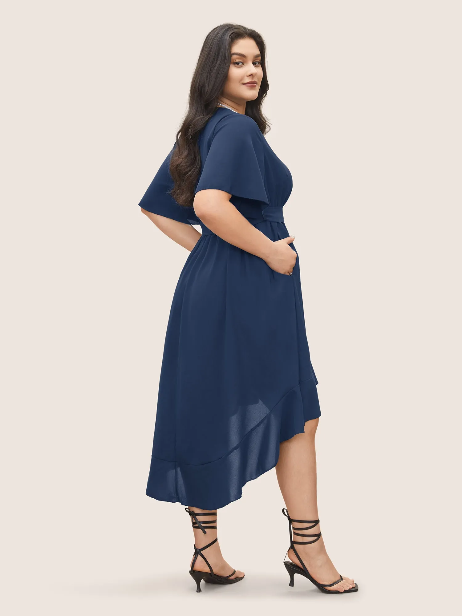 Bloom Dress - Solid Tie Surplice Ruffle High Low Dress sold by Bloomchic product image thumbnail 3