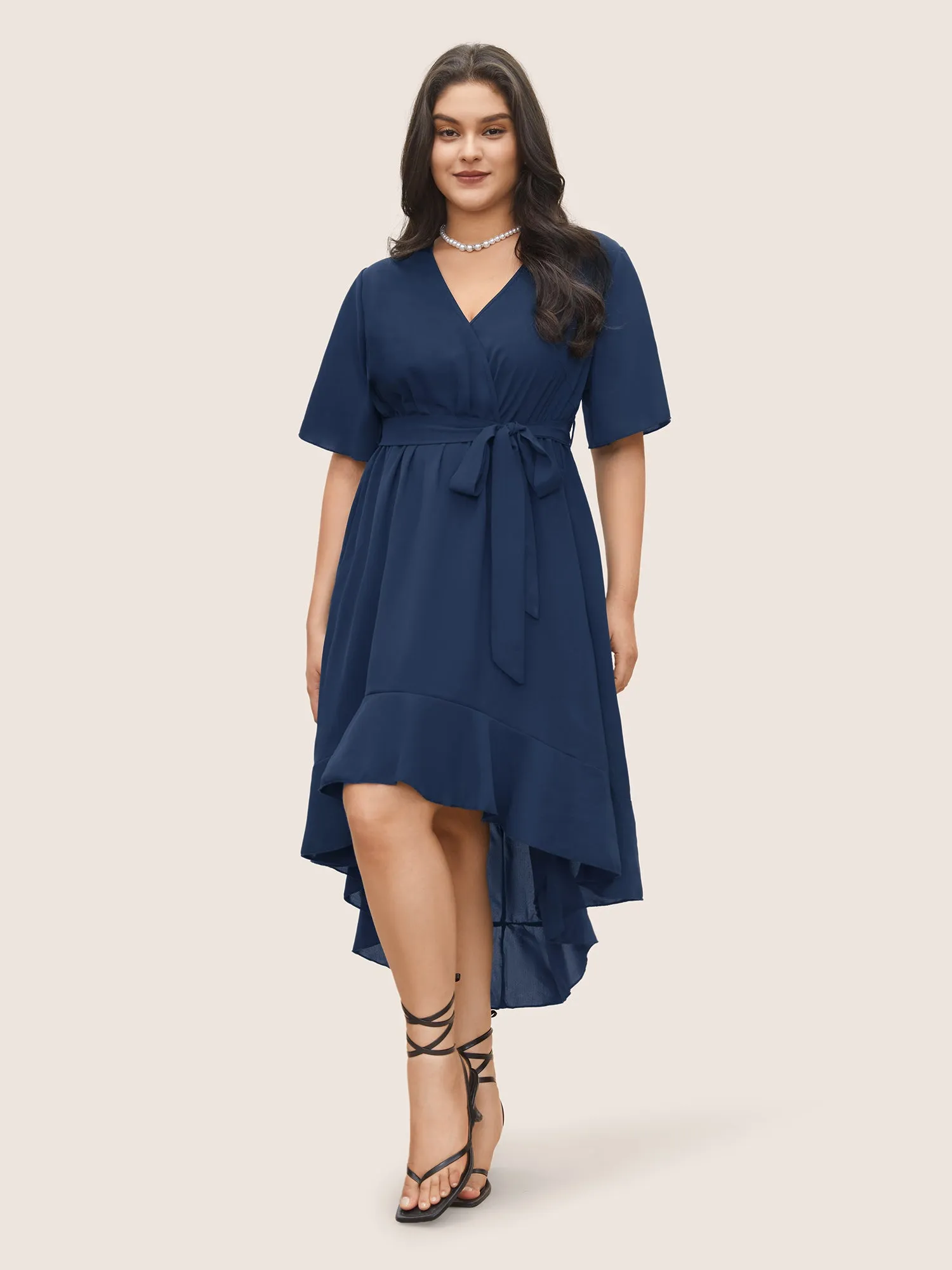 Bloom Dress - Solid Tie Surplice Ruffle High Low Dress sold by Bloomchic product image thumbnail 2