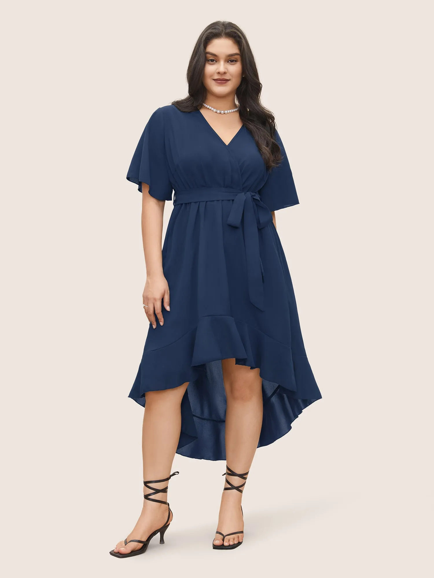 Bloom Dress - Solid Tie Surplice Ruffle High Low Dress sold by Bloomchic