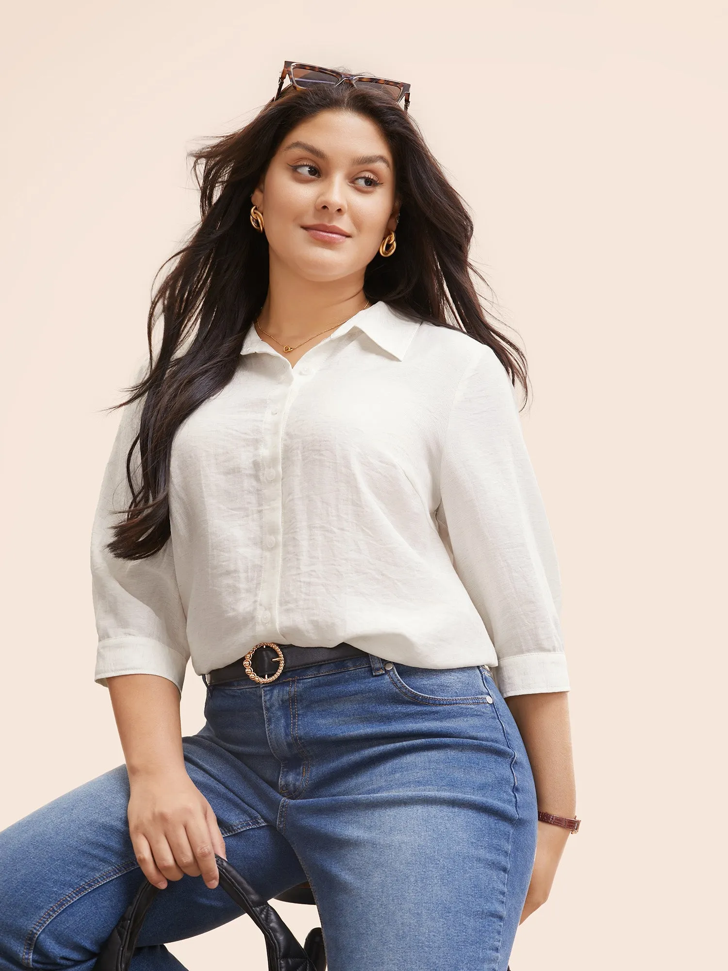 Solid Cotton Linen Shirt Collar Blouse sold by Bloomchic