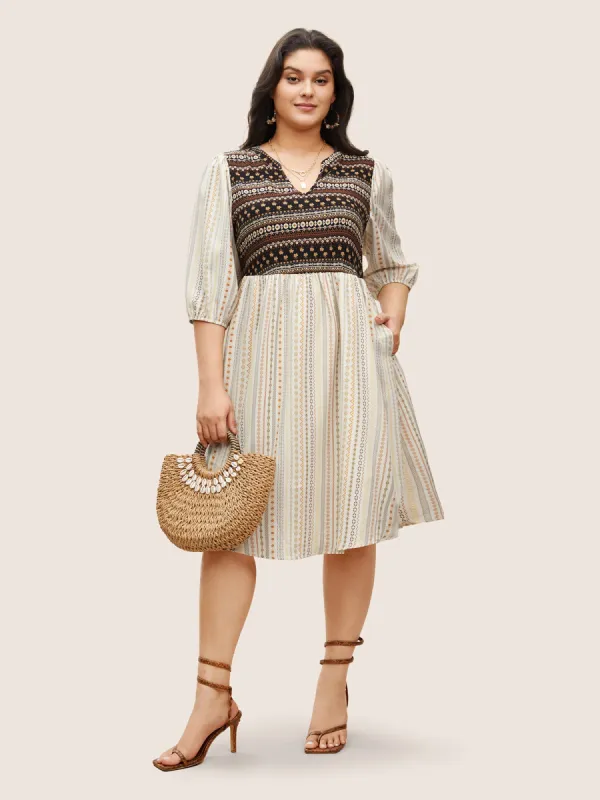 Bandana Striped Patchwork Notched Lantern Sleeve Dress sold by Bloomchic