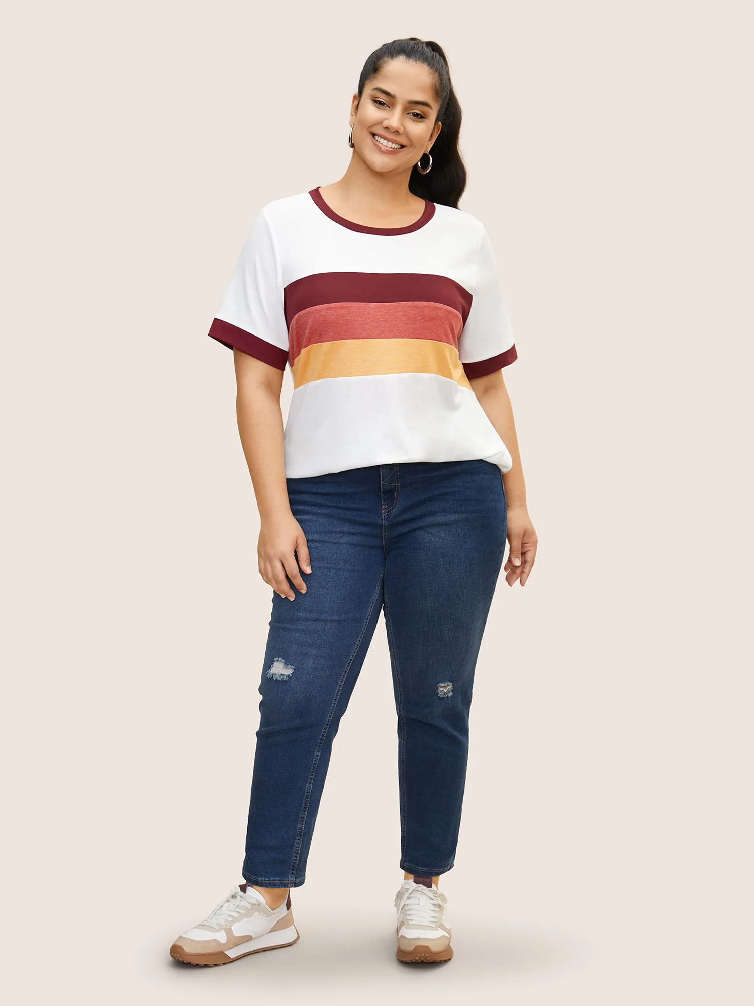 Round Neck Striped Contrast Patchwork T-shirt sold by Bloomchic product image thumbnail 4