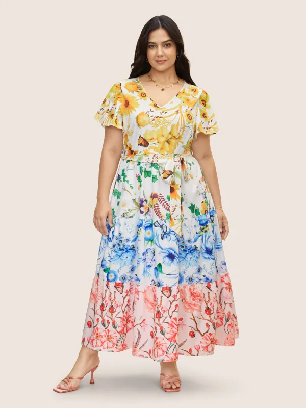 Floral & Butterfly Contrast Ruffle Layered Hem Dress sold by Bloomchic