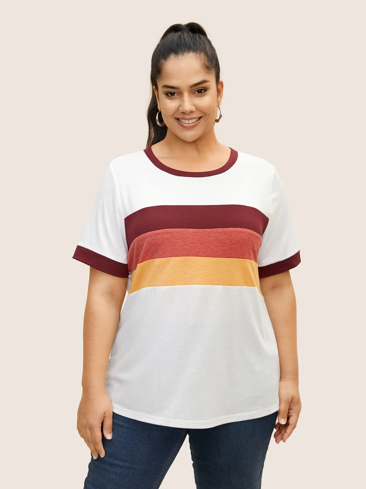 Round Neck Striped Contrast Patchwork T-shirt sold by Bloomchic