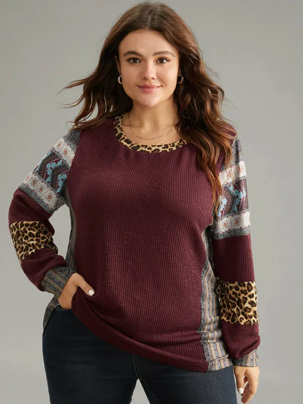 Leopard Boho Print Round Neck Contrast Sweatshirt sold by Bloomchic