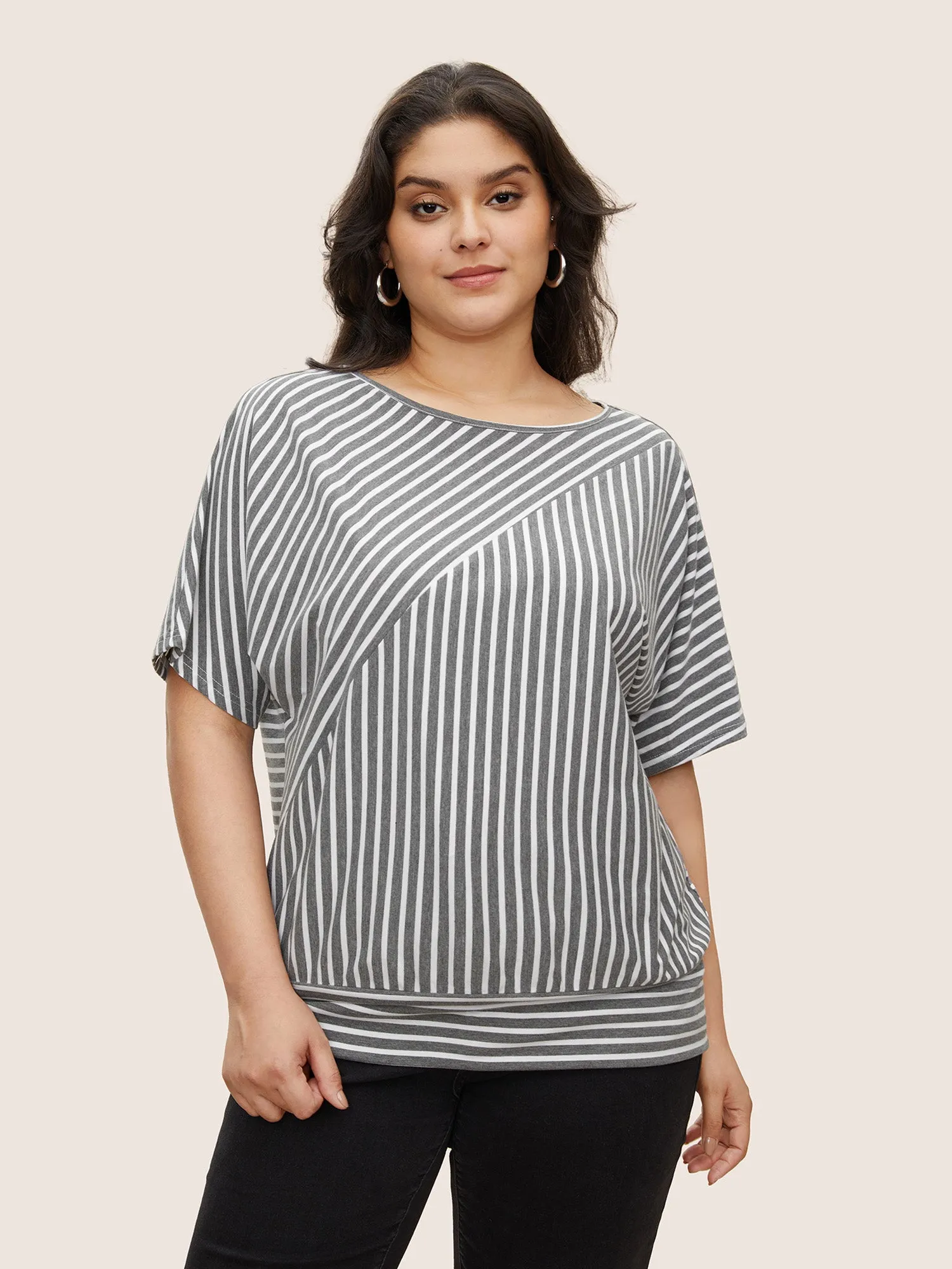 Stripes Round Neck Dolman Sleeve T-shirt sold by Bloomchic