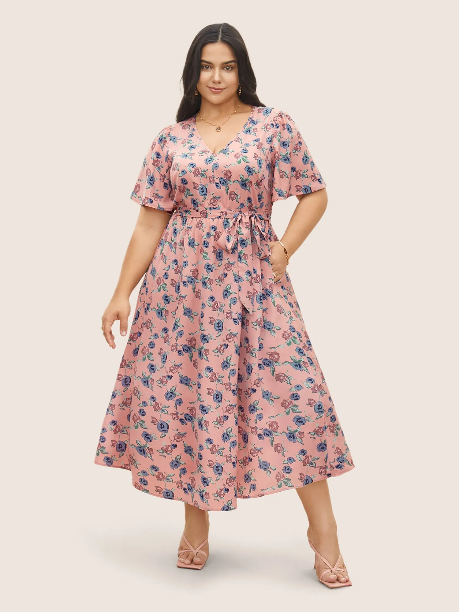 Floral Print V Neck Pleated Belted Dress sold by Bloomchic product image thumbnail 3