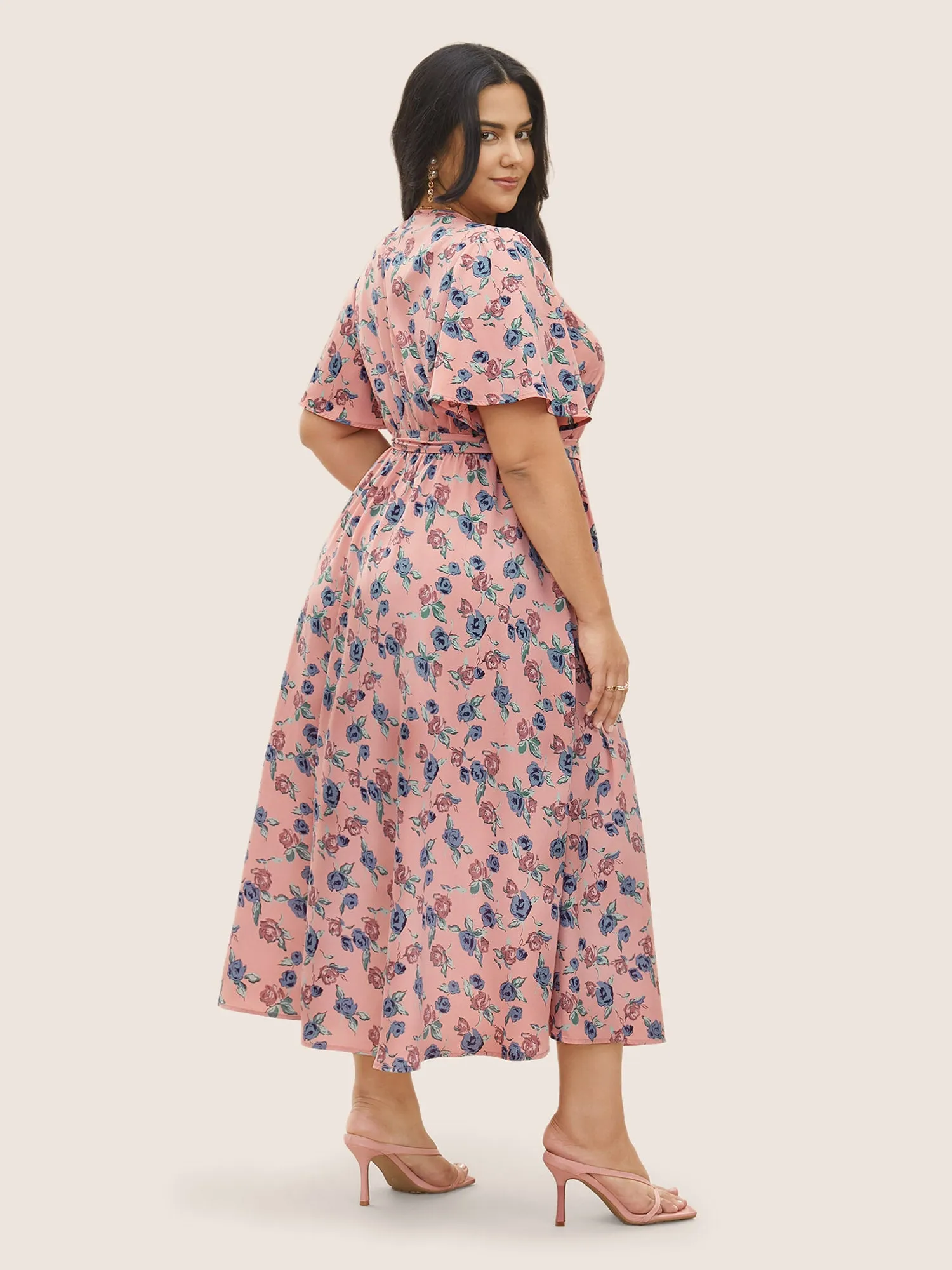 Floral Print V Neck Pleated Belted Dress sold by Bloomchic product image thumbnail 4