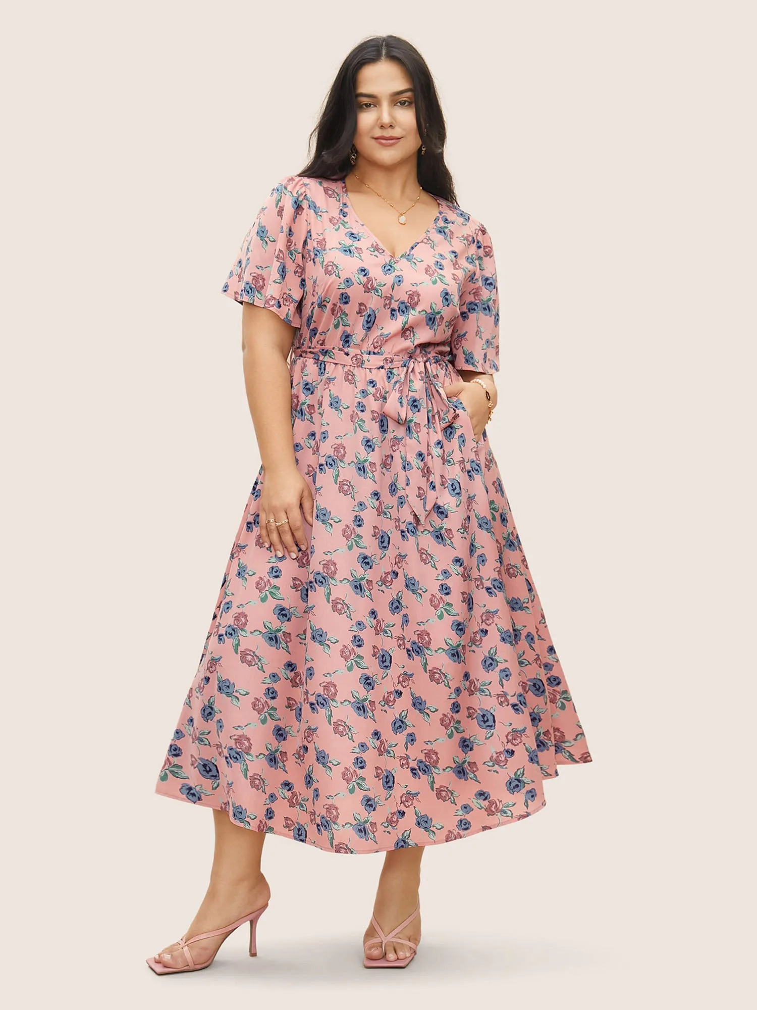 Floral Print V Neck Pleated Belted Dress sold by Bloomchic