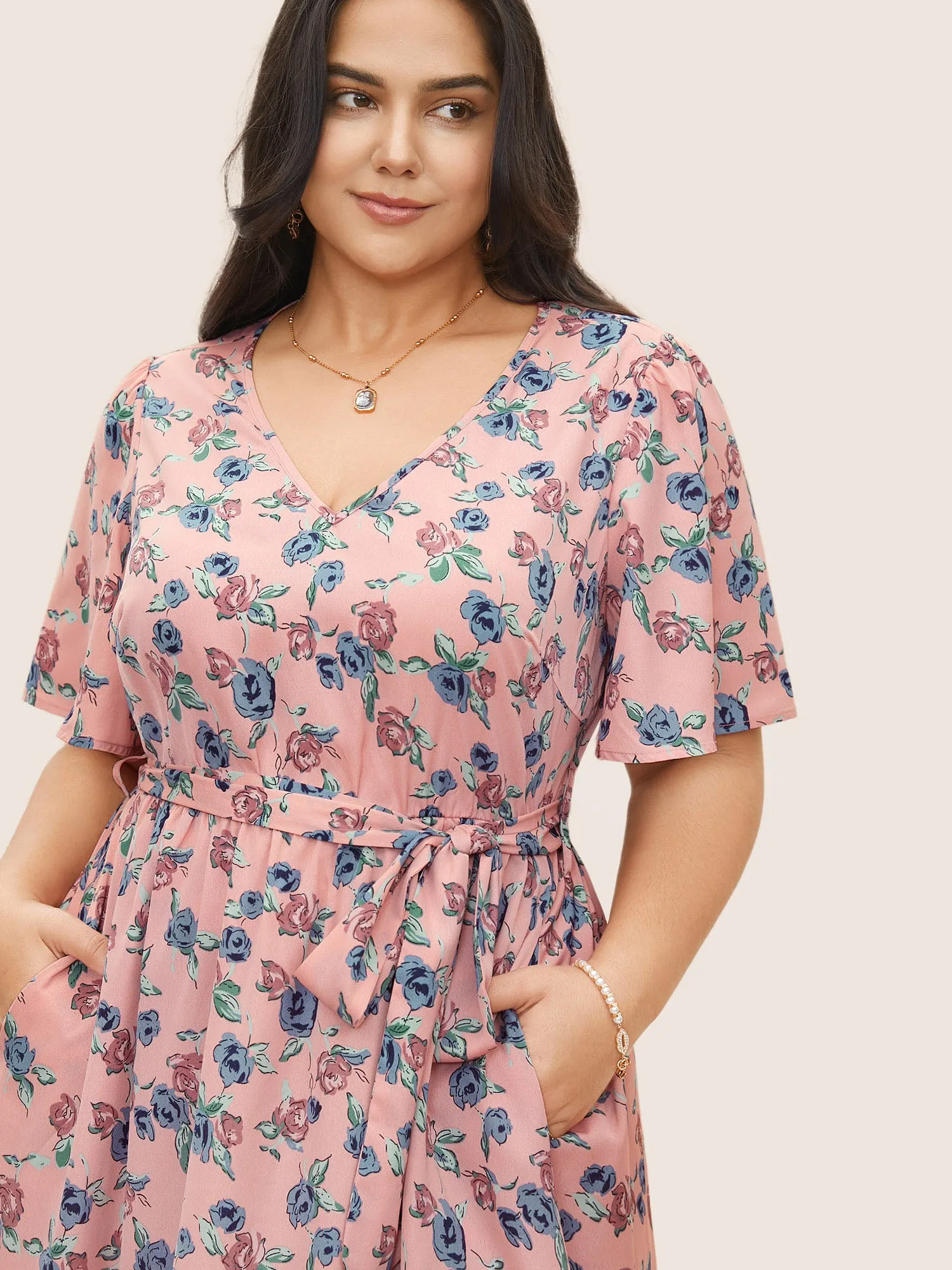 Floral Print V Neck Pleated Belted Dress sold by Bloomchic product image thumbnail 2
