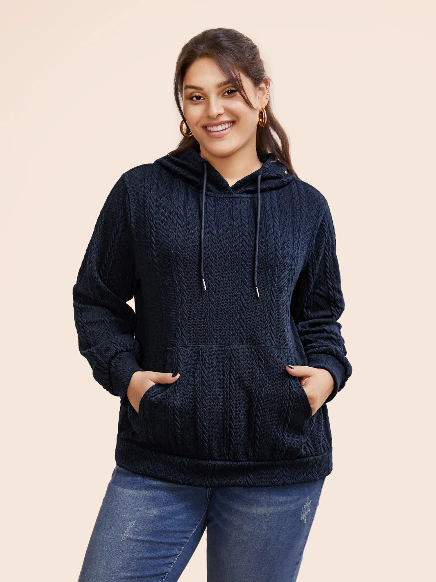 Solid Cable Knit Hooded Drawstring Sweatshirt sold by Bloomchic