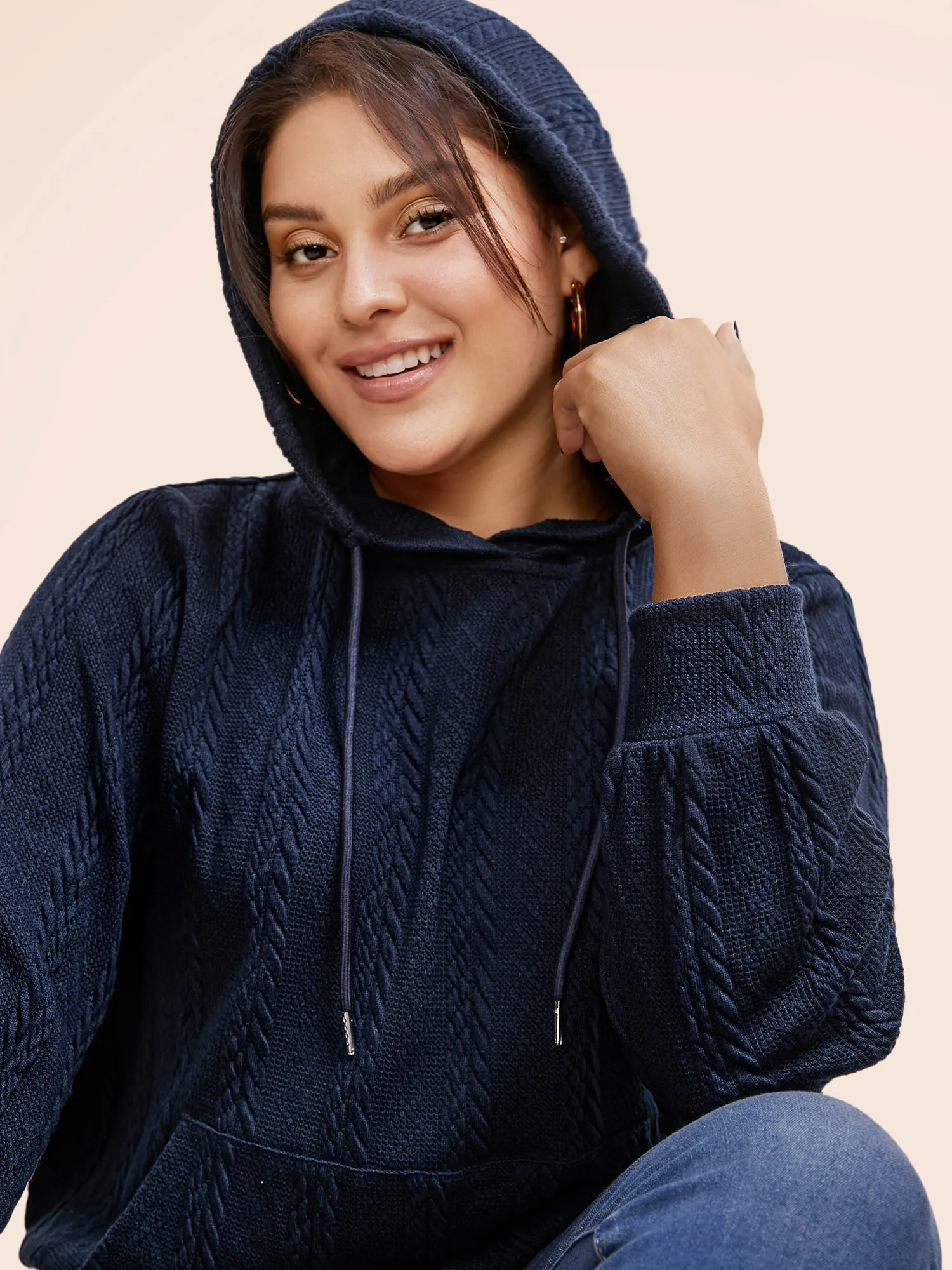 Solid Cable Knit Hooded Drawstring Sweatshirt sold by Bloomchic product image thumbnail 3