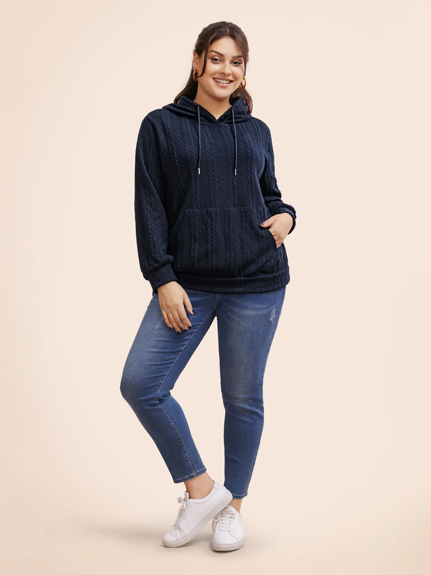 Solid Cable Knit Hooded Drawstring Sweatshirt sold by Bloomchic product image thumbnail 2