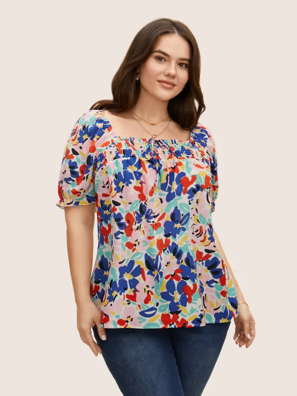 Square Neck Contrast Floral Shirred Tie Knot Blouse sold by Bloomchic