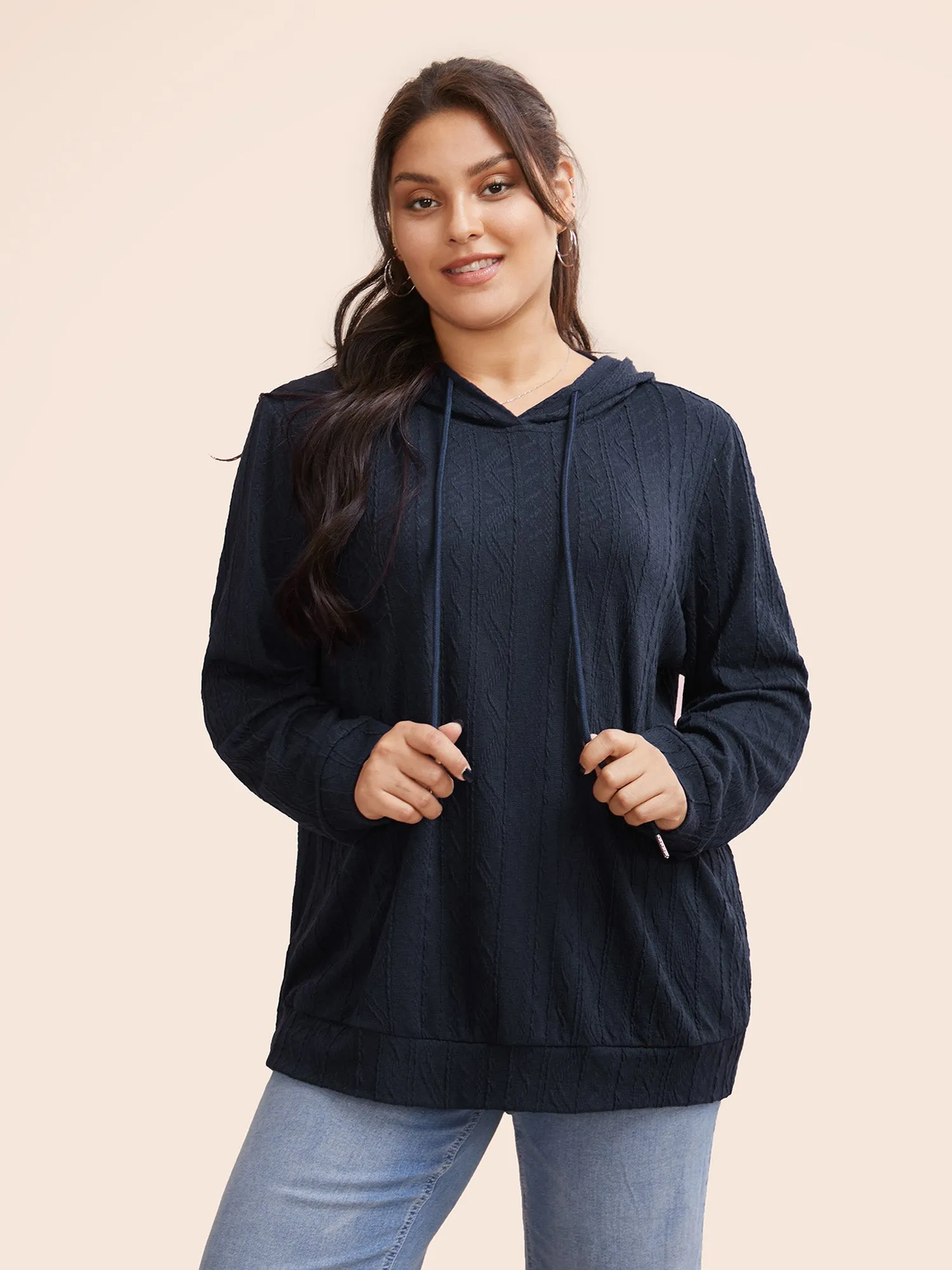 Plain Textured Hooded Drawstring Sweatshirt sold by Bloomchic product image thumbnail 5